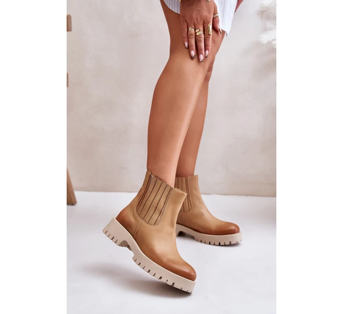 Wsuwane Botki Damskie Na Płaskim Obcasie Skórzane Lewski 3611 Brązowe