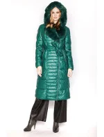 Dámska bunda s kožušinovým golierom zelená (ag6-28)