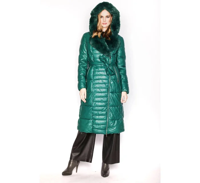 Dámska bunda s kožušinovým golierom zelená (ag6-28)