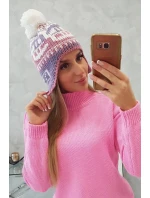 Rosa dámska čiapka s bambulou K368 fialová+biela+tmavoružová