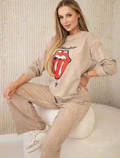 Bavlněná souprava model 20330049 potiskem teplákové + kalhoty velbloud - K-Fashion