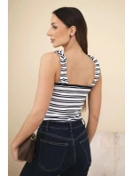 Dámska rebrovaná blúzka v pruhoch na ramienkach s volánom tmavomodrá