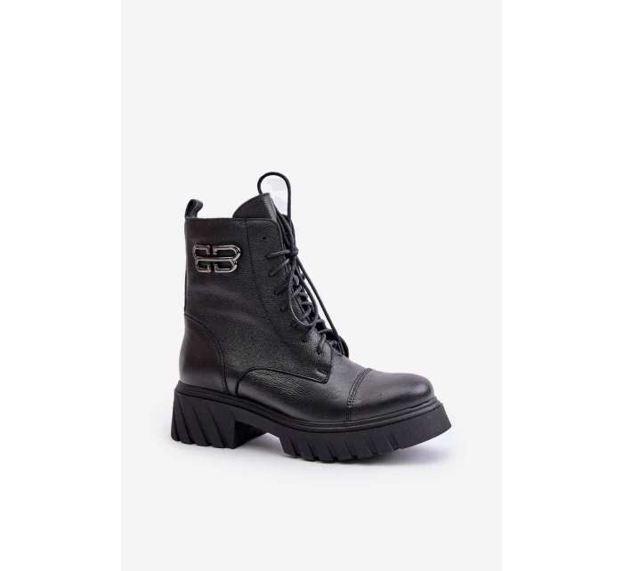 Zazoo 60486 Skórzane Botki Workery Ocieplane Czarne