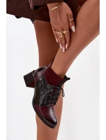 Zazoo 60503 Skórzane Botki Na Obcasie Ocieplane Bordowe