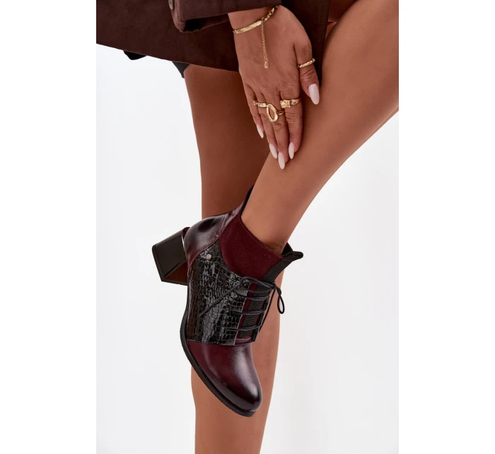 Zazoo 60503 Skórzane Botki Na Obcasie Ocieplane Bordowe