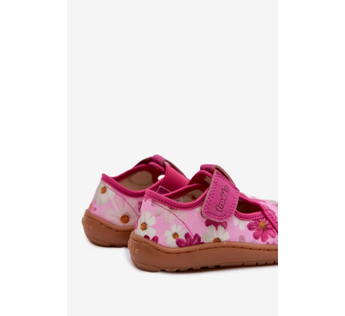 Dětské domácí pantofle na suchý zip s květinovým vzorem Barefoot Froddo Cannvas G1700439-4 Růžové