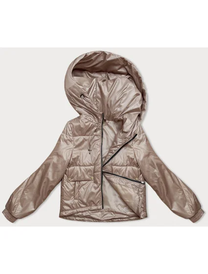 Krátká béžová dámská bunda s kapucí model 18910663 - S'WEST Krátká béžová dámská bunda s kapucí model 18910663 - S'WEST