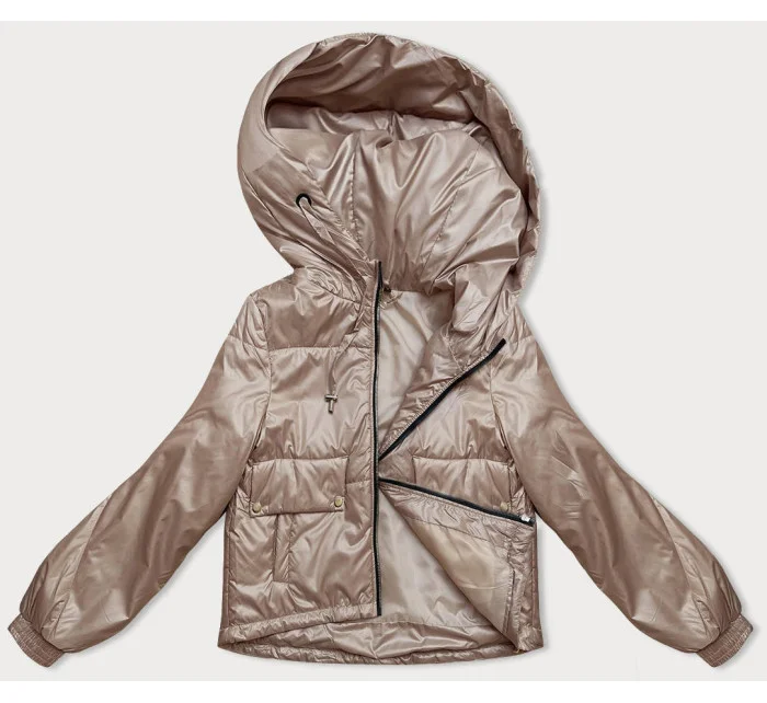 Krátká béžová dámská bunda s kapucí model 18910663 - S'WEST Krátká béžová dámská bunda s kapucí model 18910663 - S'WEST