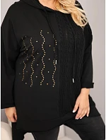 Dámská bavlněná mikina Plus Size s kapucí a pleteným pruhem černá
