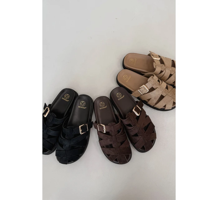 Dámské pantofle s pásky a zlatým sponou Tmavě béžové Roselisse