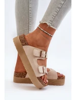 Damskie Klapki Na Platformie Z Klamrami Beżowe Lolpey