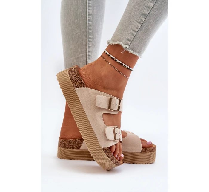 Damskie Klapki Na Platformie Z Klamrami Beżowe Lolpey