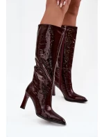 Skórzane Lakierowane Kozaki Damskie  Ocieplane D&A CR52-716 Bordowe