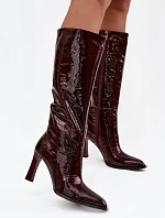 Skórzane Lakierowane Kozaki Damskie Ocieplane D&A CR52-716 Bordowe