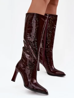 Kožené lakované dámské kozačky na podpatku s  bordó model 21713957 - D&A