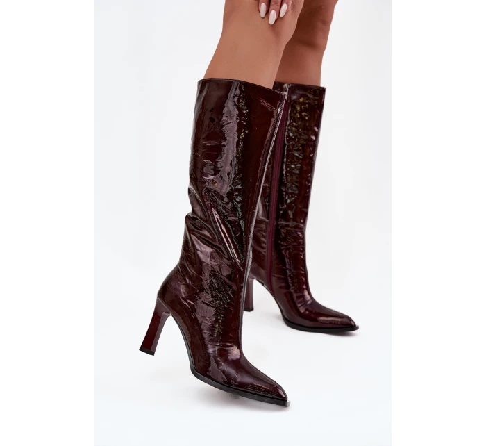 Skórzane Lakierowane Kozaki Damskie  Ocieplane D&A CR52-716 Bordowe