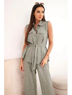 Dámska súprava s blúzkou na zaväzovanie a širokými nohavicami khaki farby