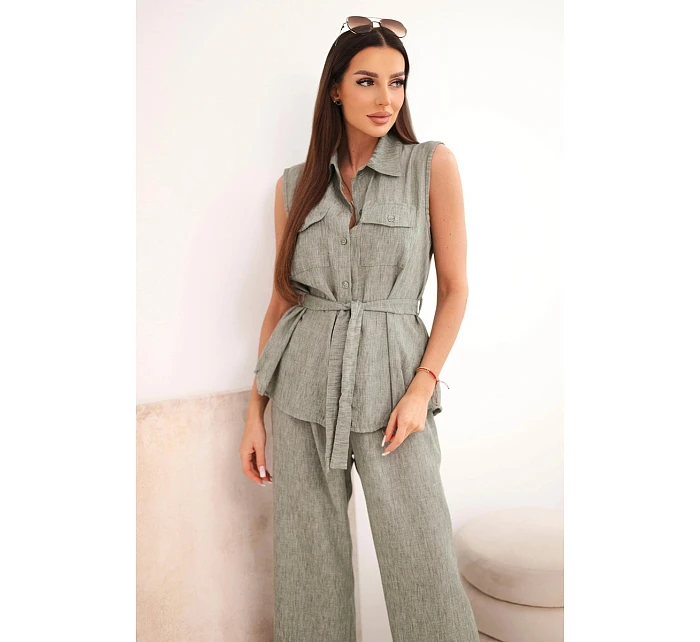 Dámska súprava s blúzkou na zaväzovanie a širokými nohavicami khaki farby Dámska súprava s blúzkou na zaväzovanie a širokými nohavicami khaki farby