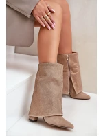 Zdobione Błyszczące Botki Z Wywiniętą Cholewką Na Słupku Ocieplane Beżowe Xistaria