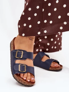 Damskie Klapki Na Korkowej Platformie Z Klamrami Granatowe Vesina