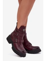 Skórzane Ocieplane Botki Damskie Z Klamrami I Ozdobnym Detalem Zazoo 60482 Bordowe