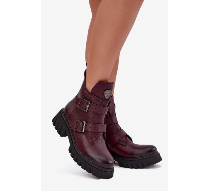 Skórzane Ocieplane Botki Damskie Z Klamrami I Ozdobnym Detalem Zazoo 60482 Bordowe