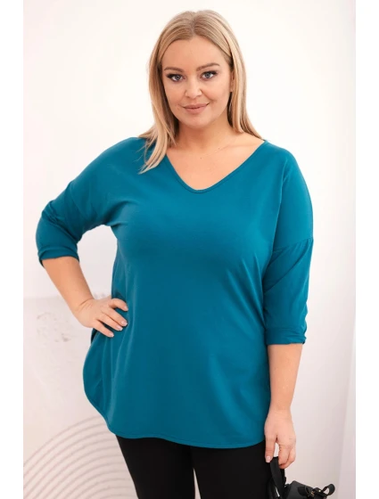 Dámská bavlněná košile Plus Size s výstřihem do V a ohrnutými rukávy mořská