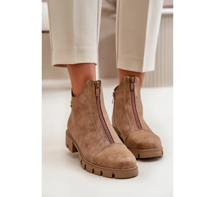 Ocieplane Botki Damskie Z Przetarciami Eko Skórzane Brązowo-Złote Verietta