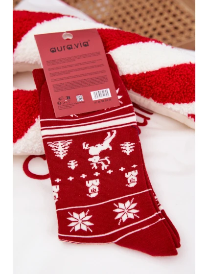 Pánske vianočné ponožky s motívom mačky a stromčeka - červené Pánske vianočné ponožky s motívom mačky a stromčeka - červené