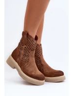 Zazoo 3470 Zamszowe Botki Damskie Na Płaskim Obcasie Ażurowe Brązowe