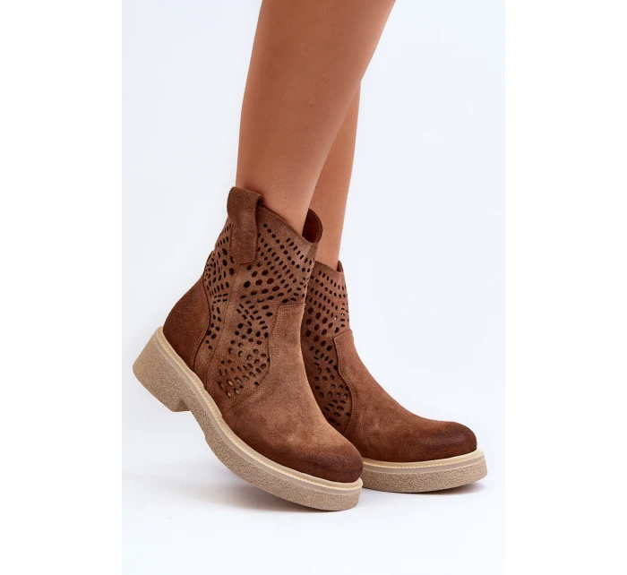Zazoo 3470 Zamszowe Botki Damskie Na Płaskim Obcasie Ażurowe Brązowe