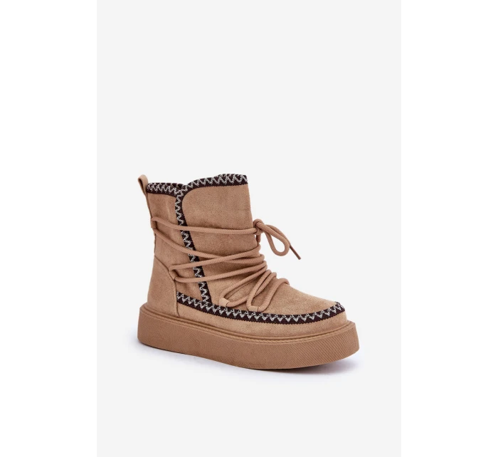 Śniegowce Damskie Z Haftem Na Platformie Brązowe Naleris