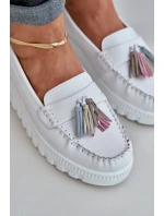 Skórzane Mokasyny Damskie Z Frędzlami Na Platformie I Koturnie Białe Eleazetta Skórzane Mokasyny Damskie Z Frędzlami Na Platformie I Koturnie Białe Eleazetta