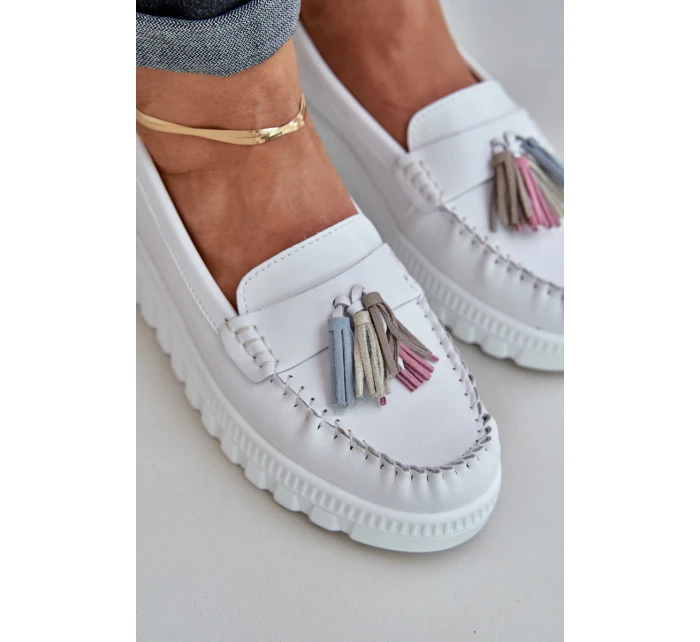 Skórzane Mokasyny Damskie Z Frędzlami Na Platformie I Koturnie Białe Eleazetta Skórzane Mokasyny Damskie Z Frędzlami Na Platformie I Koturnie Białe Eleazetta