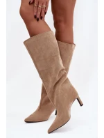 Dámské kozačky z eko semiše nazouvací na jehlovém podpatku béžové model 21770290 - Boto