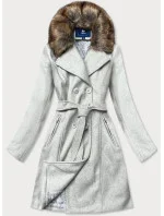 Šedý dámsky kabát s kožušinou (JC241)