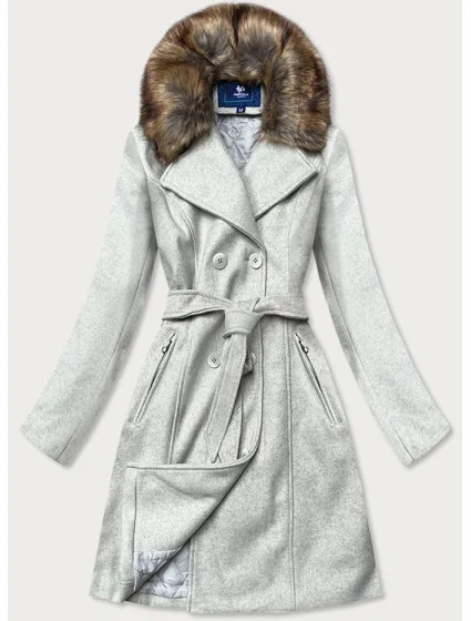 Šedý dámsky kabát s kožušinou (JC241)