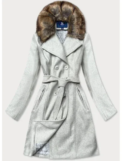 Šedý dámský kabát s kožešinou model 15834449 - Ann Gissy