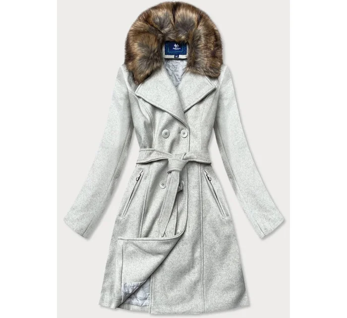 Šedý dámsky kabát s kožušinou (JC241)