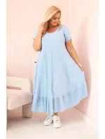 Dámské šaty plus size s krátkým rukávem a volánem z lehké viskózy modrá