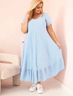 Dámske plus size šaty s krátkymi rukávmi a volánom z ľahkej viskózy v modrej farbe