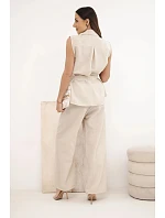 Dámský komplet s vázanou halenkou a širokými kalhotami béžový