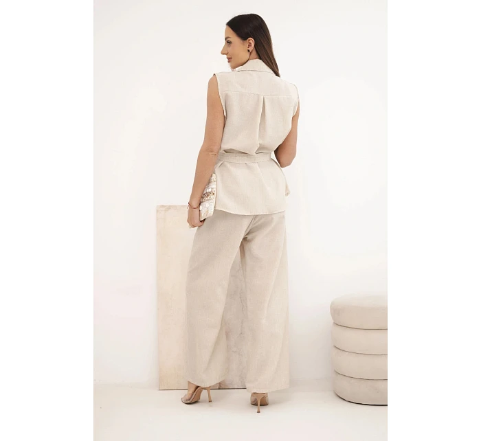 Dámský komplet s vázanou halenkou a širokými kalhotami béžový