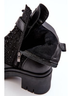 Kožené pracovné členkové topánky zdobené kamienkami GOE Black