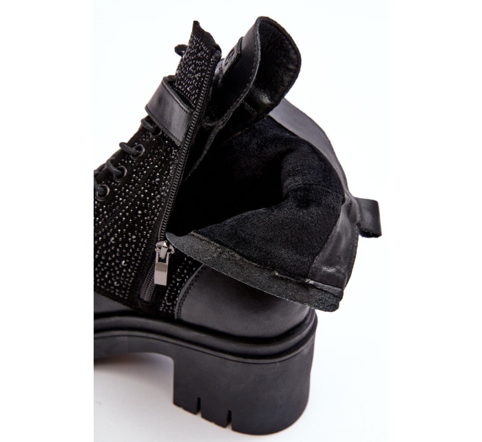 Kožené pracovné členkové topánky zdobené kamienkami GOE Black
