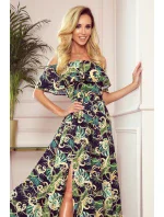 Dlouhé dámské šaty se výstřihem a vzorem zelených listů a model 8224464 - numoco