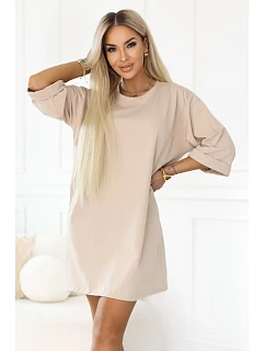 model 22155670 Bavlněné volné oversize šaty s krátkými rukávy béžové - numoco basic