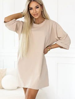 model 22155670 Bavlněné volné oversize šaty s krátkými rukávy béžové - numoco basic