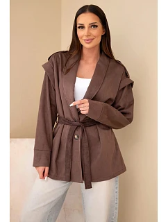 Dámský viskózový kabát s páskem a hnědý model 22294742 - K-Fashion