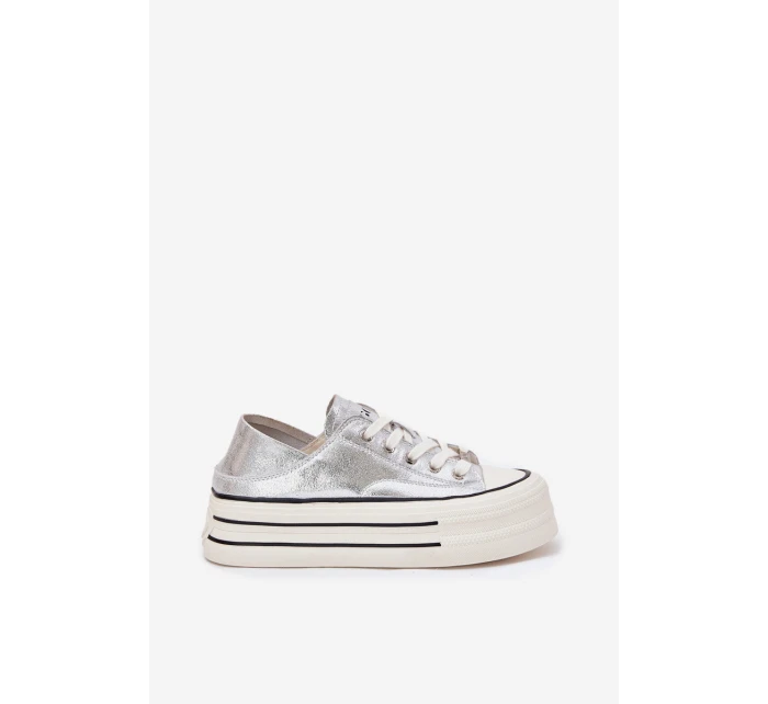 Dámské Kožené Tenisky Na Platformě model 21691401 Stříbrné - Goe